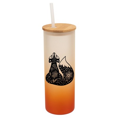 Elanze Designs Sly Stunning Forest Fox Orange Frosted Gradient Glass Tumbler with Bamboo Lid & Straw 25 ounce Reusable Iced Coffee or Water Cup,