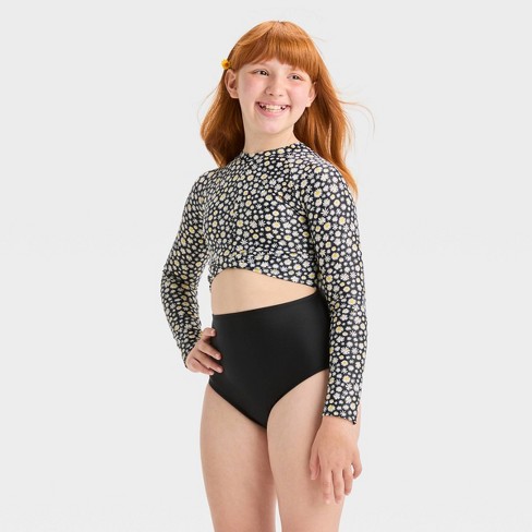 Girls' 'Dozens of Daisies' Floral Printed One Piece Rash Guard Swimsuit -  art class™ Black XS