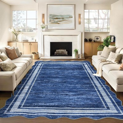 Scalloped Washable Area Rug, Soft Low-Pile Non-Slip Indoor Carpet for Living Room, Bedroom