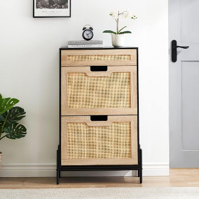 2-Tier Flip Drawer Shoe Storage Cabinet with Adjustable Shelf and Pull-Out Drawer,Freestanding Rattan Shoe Organizer for Entryway,Hallway,Living Room