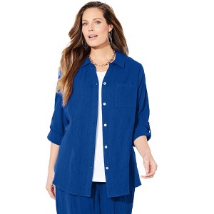Catherines Women's Plus Size Anywear Pucker Cotton Buttonfront Roll Tab Shirt - 1 of 4