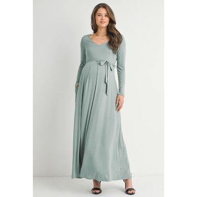 Hello Miz Women's Long Sleeve V Neck Tie Waist Maternity Maxi Dress - Sage