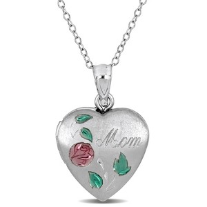 EVERLY JEWELRY | Sterling Silver 16mm Painted rose Heart "Mom" Pendant With cable Chain Locket, 19-inch - 1 of 4