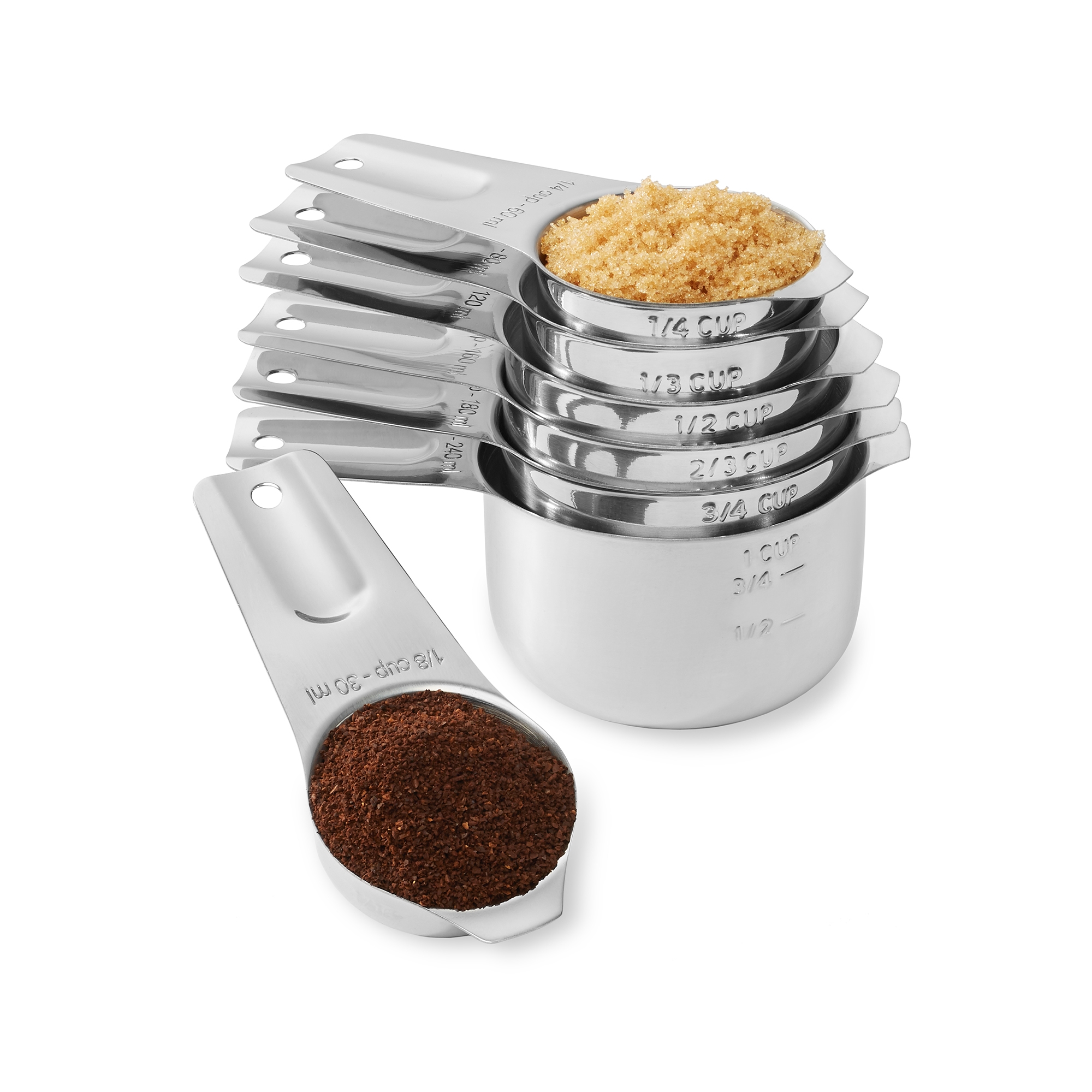 Last Confection 7-Piece Stainless Steel Measuring Cup Set - Includes 1/8 Cup Coffee Scoop - Measurements for Spices, Cooking & Baking Ingredients