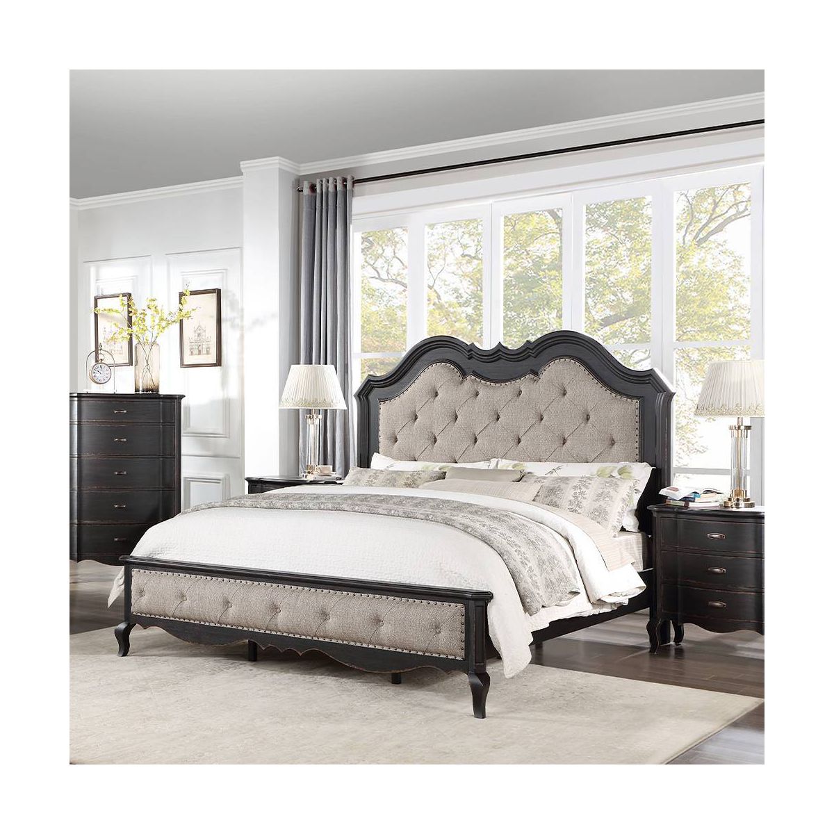 82.5"California King Bed Chelmsford Bed Beige Fabric Antique Black Finish - Acme Furniture: Tufted Upholstered Traditional Design - thumbnail 7