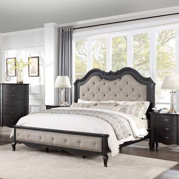 82.5"California King Bed Chelmsford Bed Beige Fabric Antique Black Finish - Acme Furniture