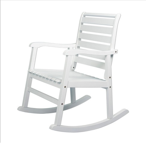 Carey Modern Slat Back Acacia Wood Patio Outdoor Rocking Chair White JONATHAN Y