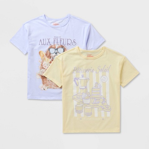 Cat & Jack Girls' 2pk Adaptive Short Sleeve Oversized 'Dog & Pastries' Graphic T-Shirt - Cat & Jack™ Purple/Yellow M