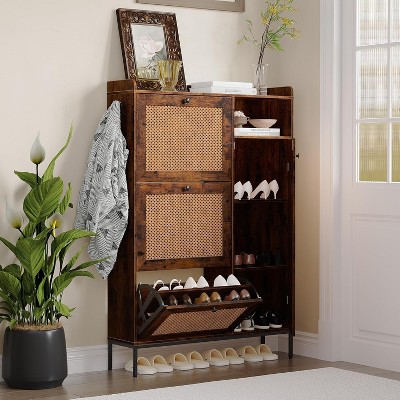 Shoe Cabinet with 3 Flip-out Drawers, Rattan Freestanding Shoe Organizer with Open Shelves Side Cabinet, for Entryway, Hallway, Living Room,