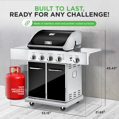 NutriChef Stainless Steel 5-Burner Propane Gas Grill with Side Burner, 52,000 BTU, Built-in Thermometer