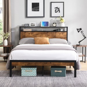 DOMETOUR Queen Size Metal Platform Bed Frame with Wood Headboard/Footboard, USB Port, No Box Spring, Large Under-Bed Storage, Easy Assembly - 1 of 4