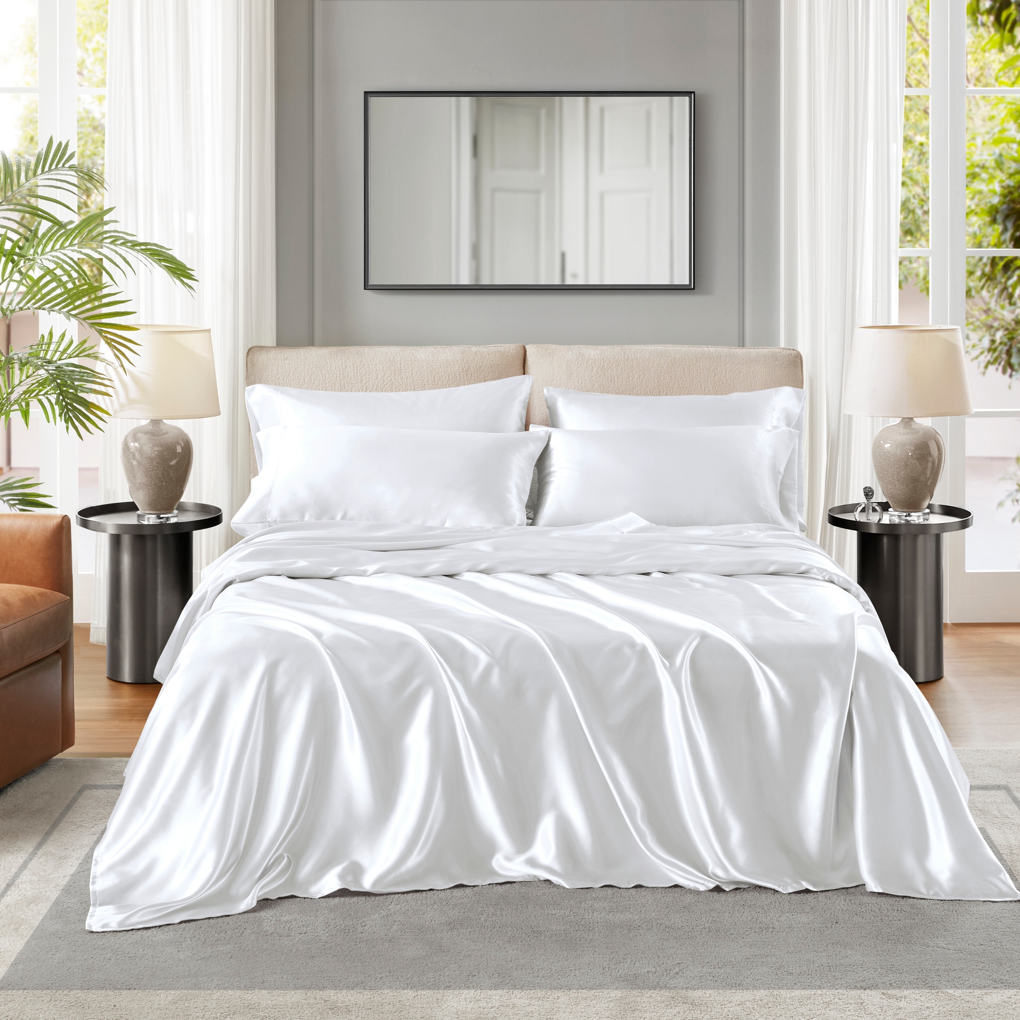 6 Pcs Solid Wrinkle-Free Satin Sheet Set, Silky Soft Touch Frezz-Reduce Luxury Sheets, OEKO-TEX Certified Premium Bedding Set, White, King