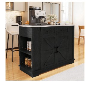 47 inch Kitchen Island On Wheels With Storage Drawer Cabinet Folding Dropleaf Storage Drawer Cabinet Wheel Counter Height Metal Top, Black - 1 of 4