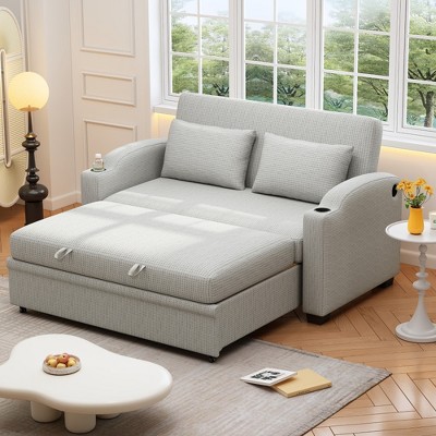 Runesay Modern Chenille Convertible Loveseat Sofa with Adjsutable Backrest, 2 Pillows, Cup Holders, USB Ports