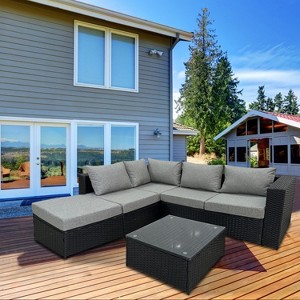 4 Pieces Wide Outdoor Rattan Sectional Sofa with Cushions - Small Patio Wicker Furniture,PE Rattan Sectional Sofa Set with,Tempered Glass Desktop - 1 of 4