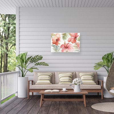 Tropical Blush Pink Hibiscus Outdoor Canvas Print with Natural Wood Frame
