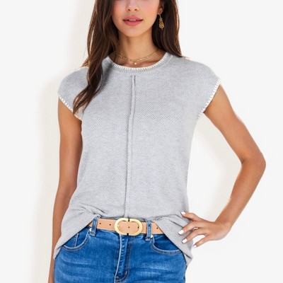 Anna-Kaci Women's Cap Sleeve Knit Sweater With Contrast Trim Stitching