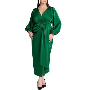 ELOQUII Women's Plus Size Satin Puff Sleeve Pleated Dress - 1 of 4