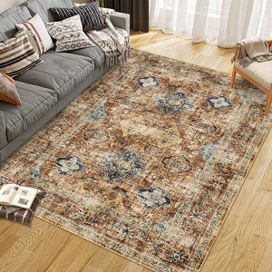 Retro Area Rugs Vintage Oriental Distressed Washable Boho Thin Low Pile Rugs for Living Room - 1 of 4
