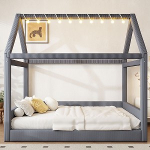 ModernLuxe Full Size Upholstered House Platform Bed Frame Daybed with LED Light Strips, Gray/Beige/Pink - 1 of 4