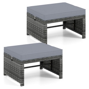 Costway Patio Ottomans Set of 2 PE Rattan Footstools with Removable Cushions & Metal Frame Red/Gray/Black/White/Turquoise/Navy - 1 of 4