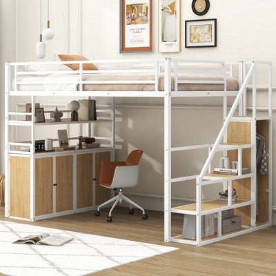 Full Size Metal Loft Bed with Storage Staircase and Wardrobe, Shelves and Lockers – ModernLuxe