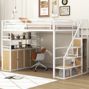 Full Size Metal Loft Bed with Storage Staircase and Wardrobe, Shelves and Lockers – ModernLuxe - 1 of 4