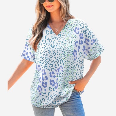 Amaryllis Women’s V-Neck Short Sleeve Blouse with Layered Ruffle Sleeves Relaxed Fit