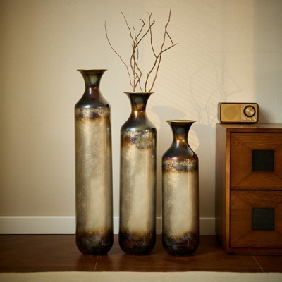 Aukfa Modern 3-Piece Brown Metal Droplet Shaped Floor Vase Set – Large Glazed Decorative Vases for Home Décor