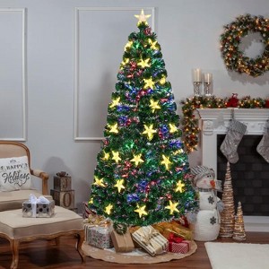 SeaCamel 6&7FT Color Changing Fiber Optic Christmas Tree - Pre-Lit with Large Star Topper, Full Spruce Artificial Tree w/ Metal Stand - 1 of 4