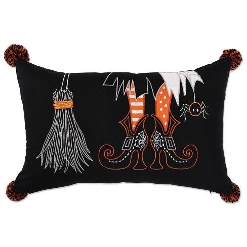 11.5 x18.5 Witch Lumbar Throw Pillow Black Pillow Perfect Embroidered Halloween Decor Indoor Cotton Cushion With Pom poms Target