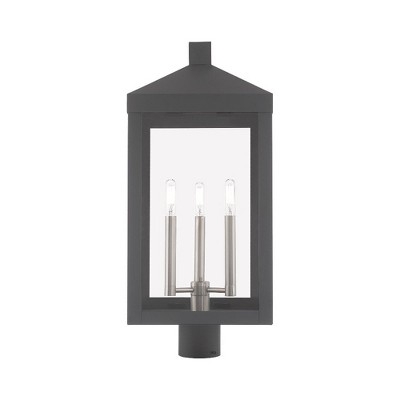 Scandinavian Gray Brass 3-Light Outdoor Post Lantern with Clear Glass