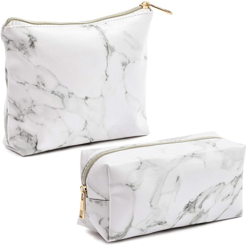 White Marble Printed Cosmetic Travel Pouch Set for Makeup Supplies (2 Pack), 1 of 9