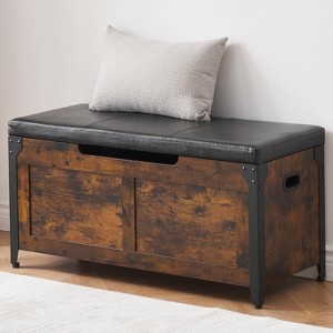 Storage Bench, Retro Wooden Storage Chest with 2 Safety Hinges, Loads 300 lb, Storage Ottoman Bench for Bedroom Living Room, Rustic - 1 of 4