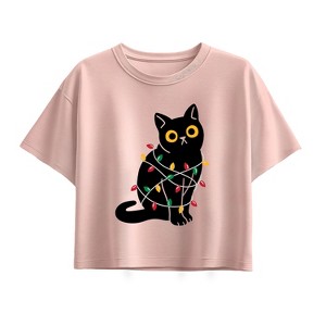 Girls' - Instant Message - Cat Wrapped In Christmas Lights Short Sleeve Boxy Graphic T-Shirt - 1 of 2