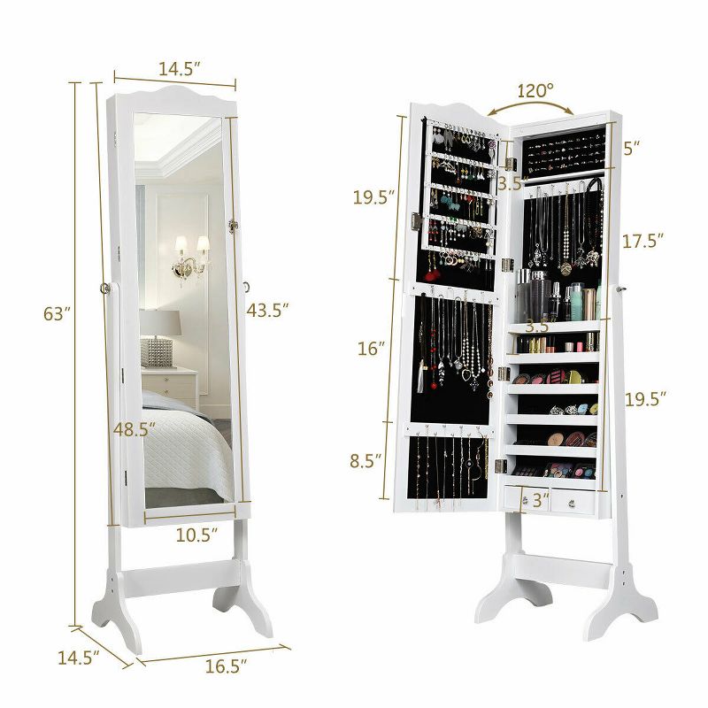 Tangkula Lockable Mirrored Jewelry Box Cabinet Armoire Storage w/ LED Lights White, 4 of 8