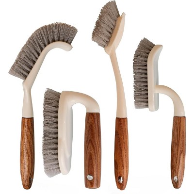 4-Pack Heavy Duty Scrub Brushes with Wooden Handles, Triangle & Square Floor Scrubber and Grout Cleaner for Multiple Surfaces