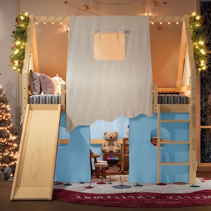 KWPZQEB Twin/Full Size House Loft Bed, Loft Bunk Bed Frame w/ Sills & Tents, Floor House Bunk Bed w/ Ladders & Slide, No Box Spring Needed - 1 of 4