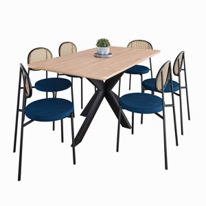 LeisureMod Ravenna 63" Rectangular Wood Dining Table with 6 Euston Wicker Dining Chairs - 1 of 4