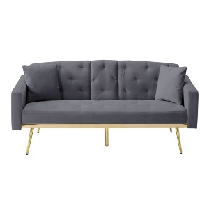 67.7"Futon Convertible Sleeper Sofa,Tufted Back,Square Arms and Golden Tapered Metal Legs,Velvet Twin Futon Sofa,Dark Gray - 1 of 4