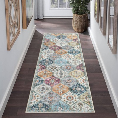 Washable Vintage Oriental Rug Non Slip Low Pile Rug Soft Throw Floor Cover Retro Foldable Indoor Carpet for Living Room Bedroom Playroom Nursery