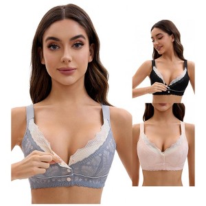 INSPIRE CHIC Front Closure for Women's Lace Full Coverage V Neck Wirefree Adjustable Straps Bras 3 Packs - 1 of 4