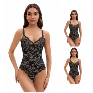 INSPIRE CHIC 3 Packs Women's V-Neck Tummy Control Bodysuit Sleeveless Floral Lace Leotard Body Shapers - 1 of 4