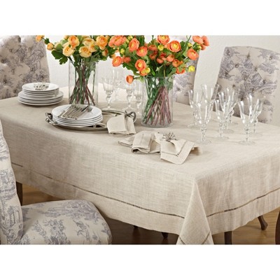Natural Linen Blend Rectangular Tablecloth with Hemstitched Border