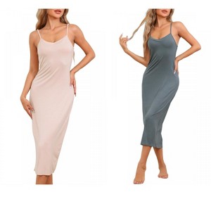 cheibear Women's Modal V Neck Adjustable Spaghetti Strap Chemise Sleep Dress - 1 of 4
