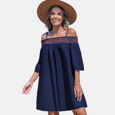 Women s Smocked Off Shoulder Mini Dress Cupshe L Navy Blue