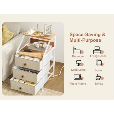 Taupe 3-Drawer Nightstand with Charging Station and Wood Top