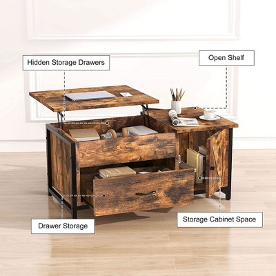 Rustic Brown Lift-Top Coffee Table with Storage Drawer and Cabinet