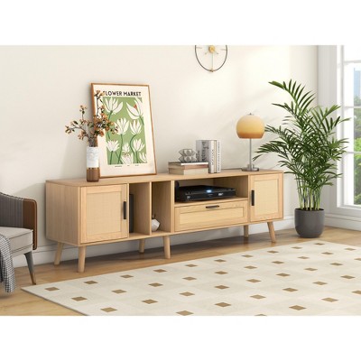 NicBex Rattan-Inspired TV Stand for 80 Inch TV,TV Entertainment Center with 2 Cabinets and 2 Open Shelves,TV Console Table for Living Room