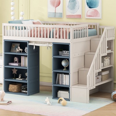 NicBex Full Size Loft Bed Wooden Bed Frame with 2 4-Layer Storage Cabinets, Storage Stairs and Full Length Guardrail, No Box Spring Required, White